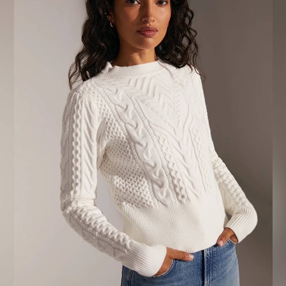 Favorite Daughter Esther Cable Knit Crop Crewneck Sweater Ivory Women’s Small
